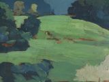 a painting of cows grazing in a green field