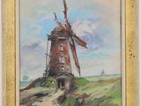 an oil painting of a windmill on a hill with a sky background