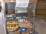 a cart full of food in a building with a sign on it