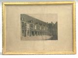 an old picture of a picture of a building with a clock on it