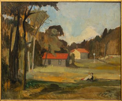 an image of a painting of a person sitting in a field