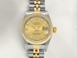 an image of a lady ' s rolex watch with yellow dial and diamond markers