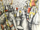 un dessin représentant un groupe de personnes tenant des drapeaux