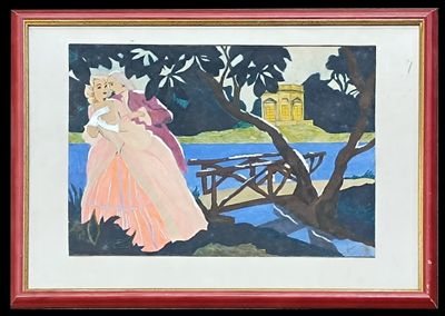 a picture of a painting of a woman and a man sitting on a bench