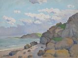 une image représentant une peinture d'une plage avec des rochers et un plan d'eau