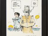 cartoon of a man with a robot on his head holding a sign