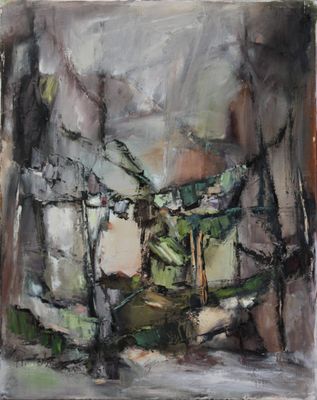 an oil painting of a house in a wooded area with trees