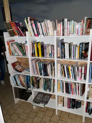 une étagère contenant de nombreux livres dans une pièce