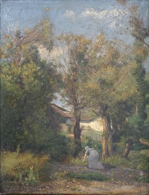 une image représentant un tableau où l'on voit une femme assise sur un sentier dans une zone boisée