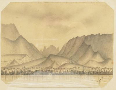 une image représentant une peinture d'une chaîne de montagnes avec un plan d'eau au premier plan