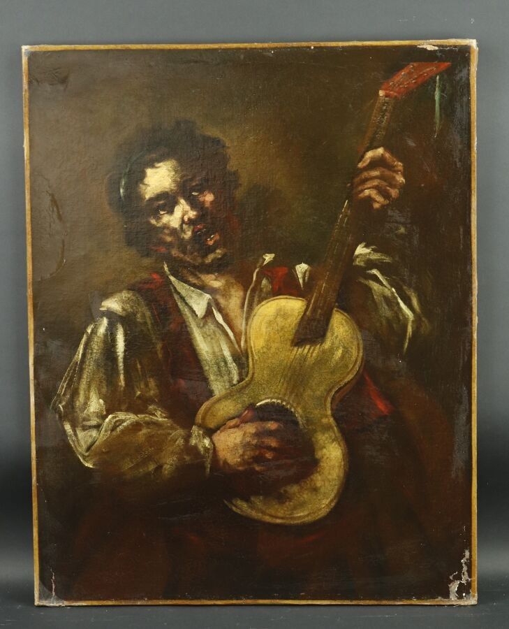 École italienne XVIIIe "Joueur de guitare", huile sur toile