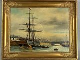 an oil painting of a ship in a harbor with other boats in the water