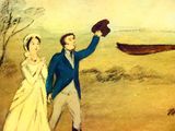 a painting of a man and a woman holding a hat