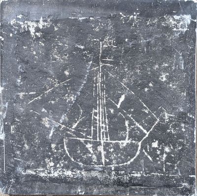 a close up of a black and white picture of a boat
