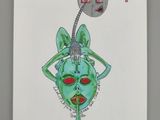 a drawing of a green alien with red eyes and a long nose