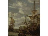 une peinture à l'huile représentant des bateaux dans un port, avec des personnes à bord d'un bateau