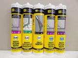 five different types of construction adhesives are lined up on a shelf