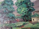 a painting of a man walking down a path near a farm