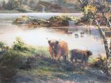 a painting of a couple of cows by the water