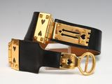 black and gold leather belt with a gold buckle on a white background