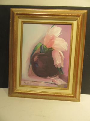 a painting of a pink flower in a brown vase