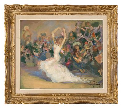 an oil painting of a woman in a white dress dancing in front of a crowd