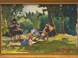 a painting of two people sitting in a chair in the grass