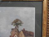 a picture of a painting of a house and a tree