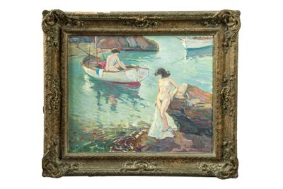 une image représentant un tableau où l'on voit une femme en robe blanche au bord de l'eau