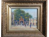 an oil painting of a street scene with people walking by