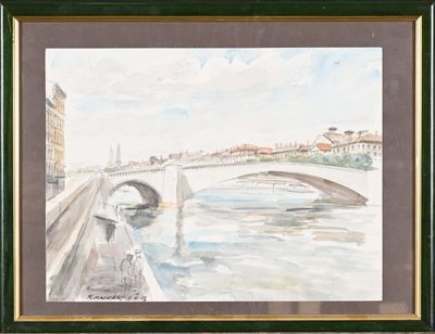 painting of a bridge over a body of water with buildings in the background