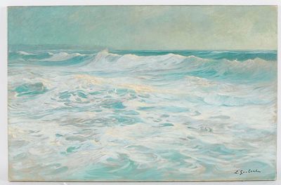 painting of a painting of the ocean with waves coming in to shore