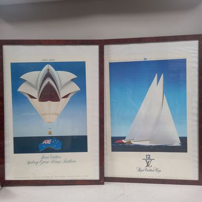 two framed pictures of a sailboat and a boat in the water