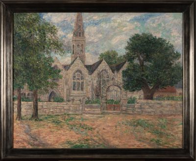 une peinture à l'huile représentant une église dans un champ bordé d'arbres