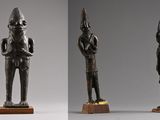trois vues différentes d'une statue représentant un homme coiffé d'un chapeau