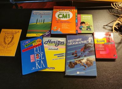 Plusieurs livres pour enfants sont posés sur une table, à côté d'une batte de baseball
