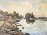 a painting of a river with boats on it