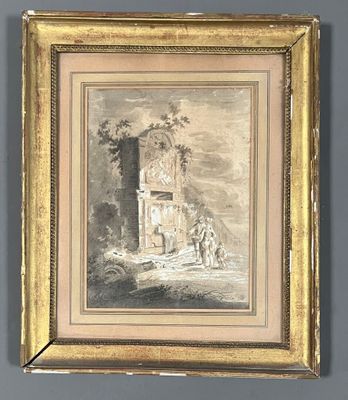 une vieille photo représentant un tableau d'un château, dans un cadre doré, accroché à un mur gris