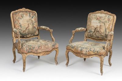 pair of louis xv style armchairs with tapestry upholstered seats