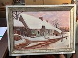 une photo d'un tableau représentant une maison dans la neige