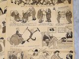 an old newspaper with cartoon pictures on it sitting on a table