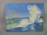 an oil painting of a crashing wave on the beach