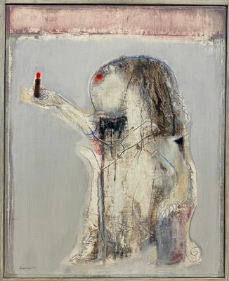 a painting of a dog holding a bottle of wine