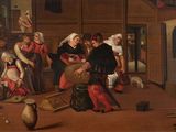 une image d'un tableau représentant un groupe de personnes dans une pièce