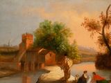 a painting of a group of people by a river