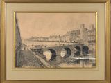 painting of a view of a bridge over a river with a building in the background