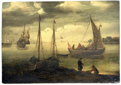 a painting of a group of boats on a body of water