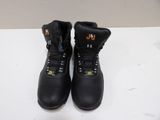 men ' s black leather work boots with orange logo on the side