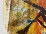 abstract painting of a man on a surfboard in a yellow, red, and black color scheme