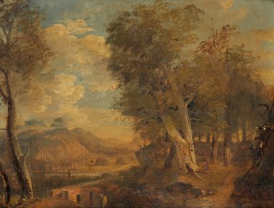 painting of a wooded landscape with cattle grazing in the foreground and a village in the distance